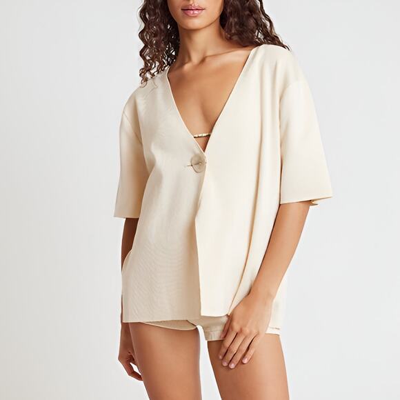 Elce Swim Inka Single Button Short Sleeve V-Neck Knit Shirt Top Milk XS/S NWT - Picture 1 of 6